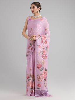 Akhilam - Women's Georgette Pink Printed Designer Saree with Unstitched Blouse