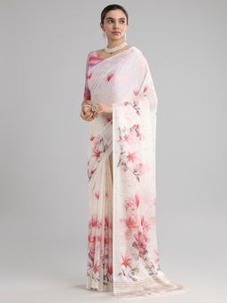 Akhilam - Women's Georgette White Printed Designer Saree with Unstitched Blouse