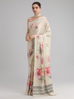 Akhilam - Women's Georgette Off White Printed Designer Saree with Unstitched Blouse