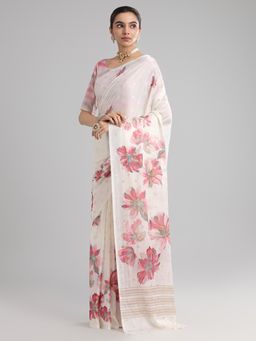Akhilam - Women's Georgette White Printed Designer Saree with Unstitched Blouse
