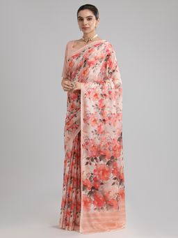 Akhilam - Women's Georgette Peach Printed Designer Saree with Unstitched Blouse