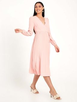 Styli - Pink Long Sleeves Pleated Detail A-line Midi Dress