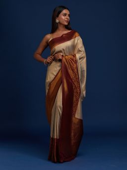 Koskii - Light Grey Zari Work Art Silk Designer Saree with Unstitched Blouse