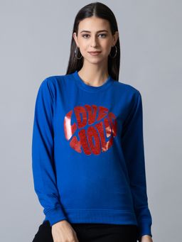 Club York - Womens Royal Blue Full Sleeve Round Neck Chest Print Sweatshirt