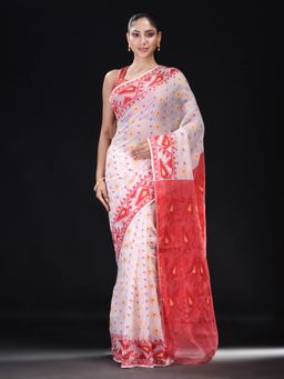 Beatitude - White Cotton Silk Woven Jacquard Jamdani Saree with Unstitched Blouse