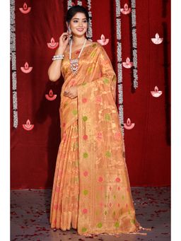 Sangam Prints - Peach Organza Woven Zari Work Traditional Tassel Saree with Unstitched Blouse