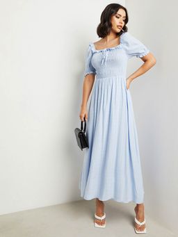 Styli - Blue Square Neck Shirred Detail A-line Maxi Dress