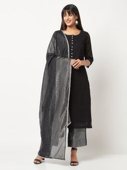 Barara Ethnic - Black Schiffli Kurta With Dupatta (Set of 3)