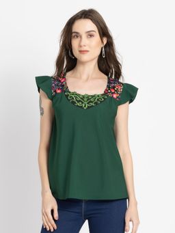 SHAYE - Round Neck Green Embroidered Short Sleeves Casual Top For Women