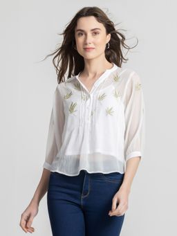 SHAYE - Band Collar White Embroidered Three-Quarter Sleeves With Cami Casual Top For Women