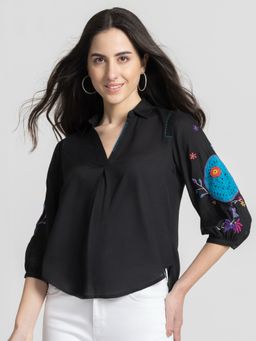 SHAYE - V-Neck Black Embroidered Three-Quarter Sleeves Casual Top For Women