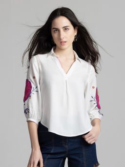 SHAYE - V-Neck White Embroidered Three-Quarter Sleeves Casual Top For Women