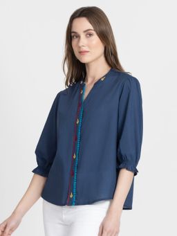 SHAYE - Band Collar Navy Blue Embroidered Three-Quarter Sleeves Casual Top For Women