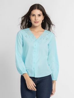 SHAYE - V-Neck Blue Embroidered Three-Quarter Sleeves Casual Top For Women