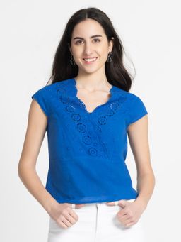 SHAYE - V-Neck Cobalt Blue Embroidered Short Sleeves Casual Top For Women