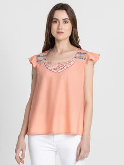 SHAYE - Round Neck Embroidered Short Sleeves Casual Top For Women