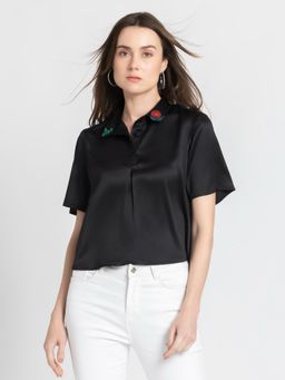 SHAYE - Shirt Collar Black Short Sleeves Casual Top For Women