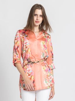 SHAYE - Shirt Collar Peach Floral Print Three-Quarter Sleeves For Women