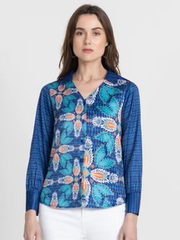 SHAYE - V-Neck Cobalt Blue Floral Print Long Sleeves Casual Shirt For Women