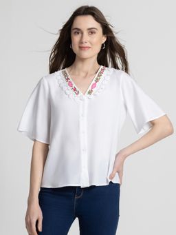 SHAYE - V-Neck White Floral Print Short Sleeves Casual Shirt For Women