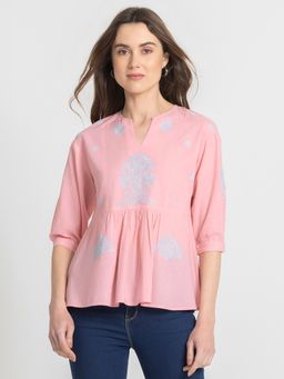 SHAYE - Round Neck Pink Embroidered Three-Quarter Sleeves Casual Top For Women