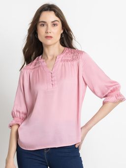 SHAYE - Band Collar Pink Solid Three-Quarter Sleeves Casual Top For Women