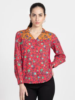 SHAYE - V-Neck Pink Pomy Print Long Sleeves Casual Top For Women