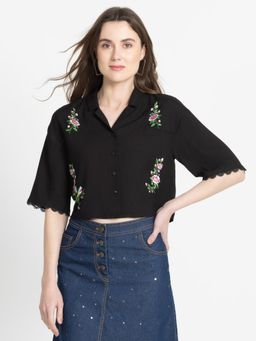 SHAYE - Top Black Embroidered Short Sleeves Casual Tops For Women