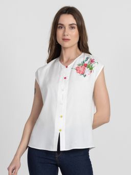 SHAYE - V-Neck White Solid Sleeveless Casual Top For Women