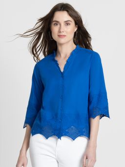 SHAYE - V-Neck Cobalt Blue Solid Three-Quarter Sleeves Casual Top For Women