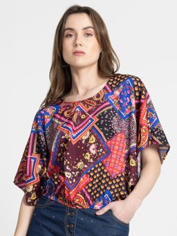 SHAYE - Round Neck Maroon Floral Print Short Sleeves Casual Top For Women