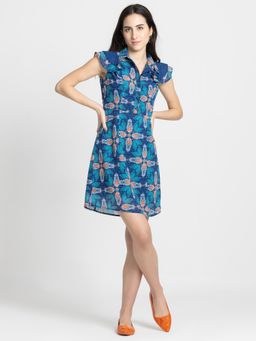 SHAYE - Shirt Collar Blue Floral Print Short Sleeves Casual Dress For Women