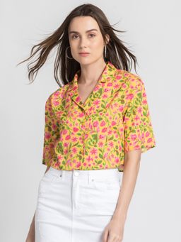 SHAYE - Lapel Collar Yellow Floral Print Short Sleeves Casual Shirt For Women