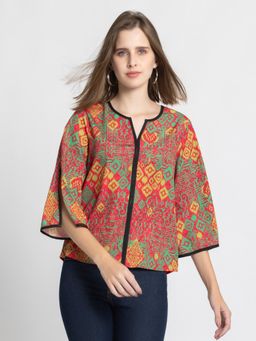 SHAYE - Round Neck Red Ikat Print Three-Quarter Sleeves Casual Top For Women