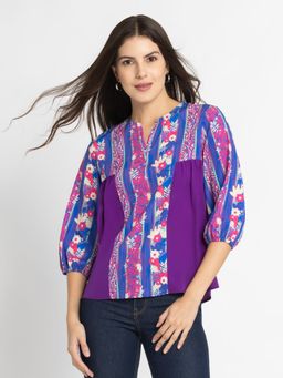 SHAYE - Round Neck Purple Floral Print Three-Quarter Sleeves Casual Top For Women