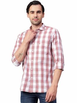 Cantabil - Men Dusty Pink Checkered Full Sleeves Casual Shirt
