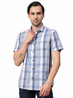 Cantabil - Men Blue Checkered Half Sleeves Casual Shirt