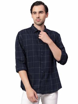 Cantabil - Men Navy Blue Checkered Full Sleeves Casual Shirt