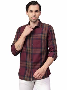 Cantabil - Men Maroon Checkered Full Sleeves Casual Shirt