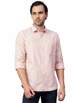 Cantabil - Men Peach Striped Full Sleeves Casual Shirt