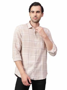 Cantabil - Men Beige Checkered Full Sleeves Casual Shirt
