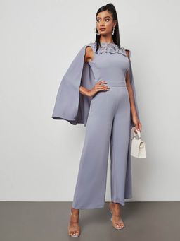 Styli - Grey Lace Yoke Cape Sleeve Jumpsuit