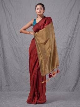 CHARUKRITI - Red Woven Cotton Saree with Unstitched Blouse
