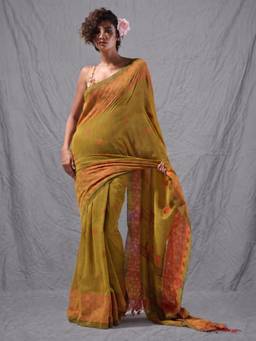 CHARUKRITI - Mustard Woven Cotton Saree with Unstitched Blouse