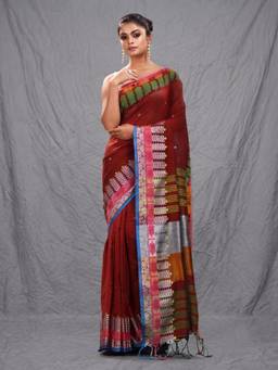 CHARUKRITI - Red Woven Cotton Saree with Unstitched Blouse
