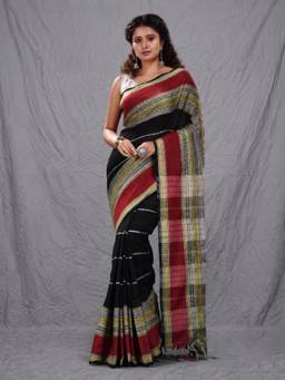 CHARUKRITI - Black Woven Cotton Saree with Unstitched Blouse