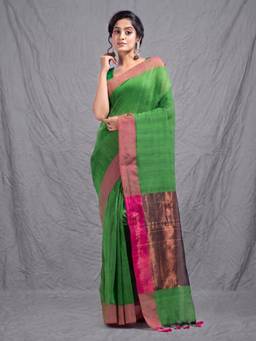 CHARUKRITI - Green Woven Cotton Saree with Unstitched Blouse