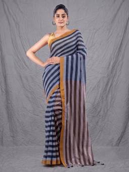 CHARUKRITI - Black Stripes Cotton Saree with Unstitched Blouse