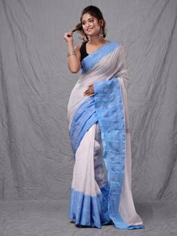 CHARUKRITI - White Woven Cotton Blend Saree with Unstitched Blouse
