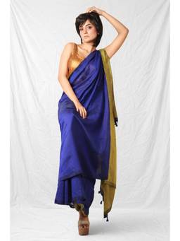 CHARUKRITI - Blue Woven Cotton Saree with Unstitched Blouse
